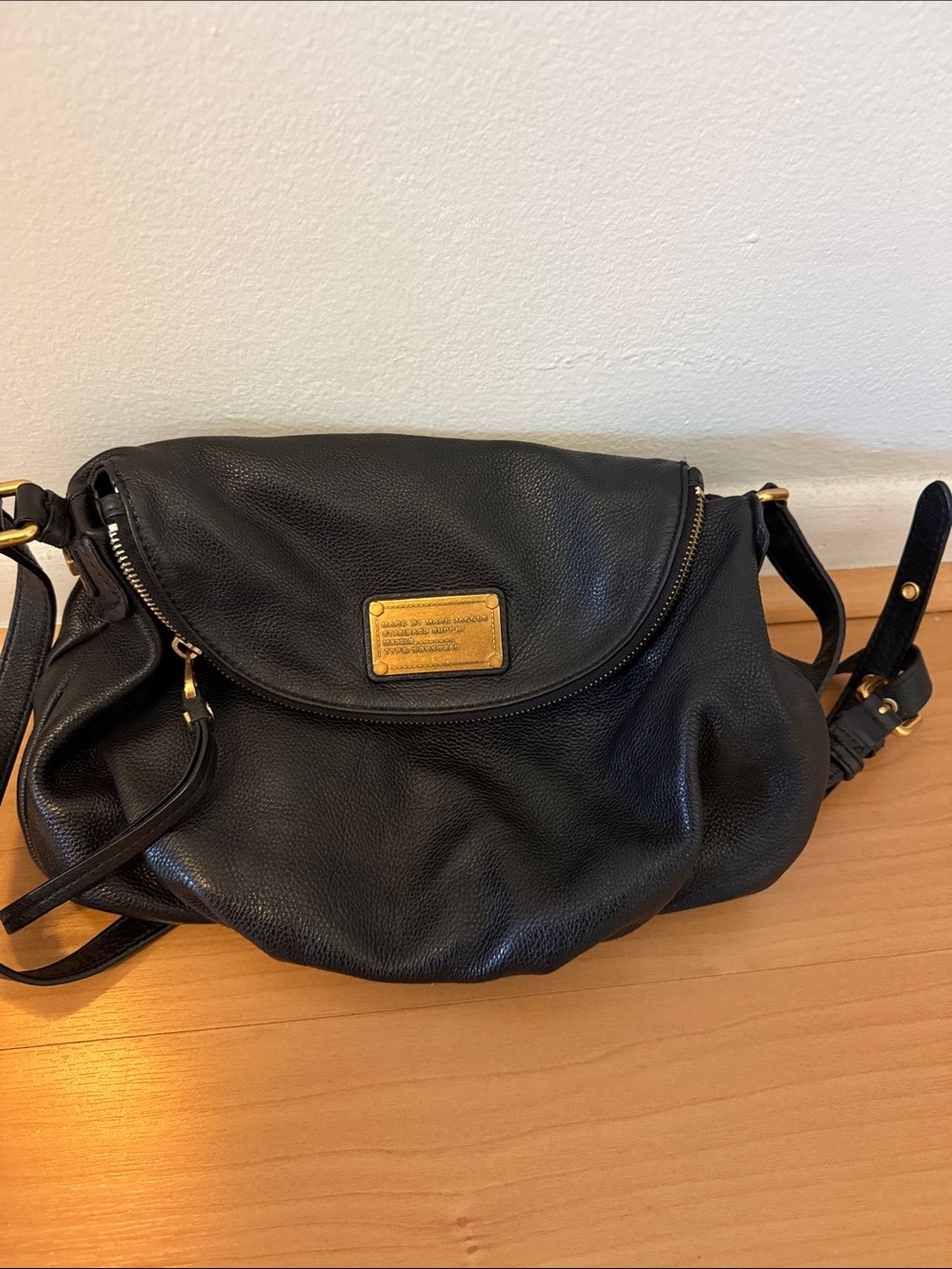 Marc Jacobs Black Pebbled Leather Shoulder Bag with Gold Plate